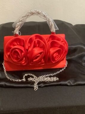 Elegant Red Rose Satin Evening Bag with Silver Handle